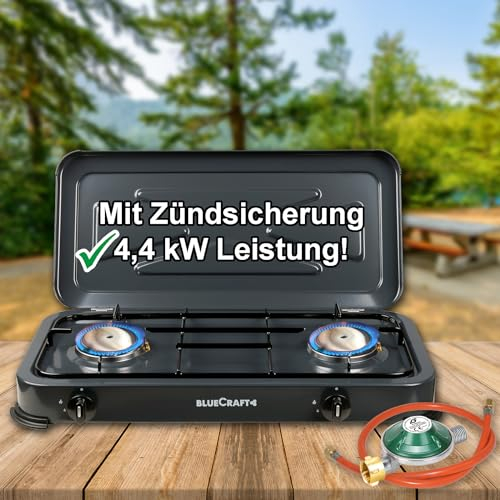 BlueCraft - Gaskocher Campingkocher 2 flammig mit Zündsicherung | mit Gasregler 50mbar und Gasschlauch 100cm