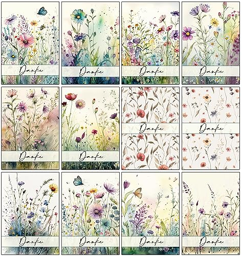 Bear and Bee 12, 24 oder 48 Dankeskarten mit leuchtenden Aquarell-Wildblumen auf der Vorderseite Multipack mit Umschlägen Voll recycelbar und umweltfreundlich (24 Karten mit Umschlägen)