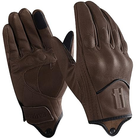 Harssidanzar Guantes de motocicleta para hombre, forro polar, para invierno, cálidos, piel de cabra, guantes de motocicleta para pantalla táctil, GM041UK, marrón, talla M