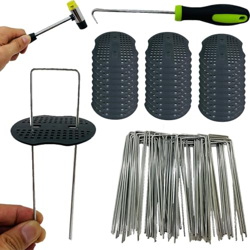 Fycooler 50 Weed Control Membrane Pegs + 50 Buffer Washer, 6/150mm Weed Mat Pegs,Metal Garden Landscape Staples Artificial Grass Pins Ground Cover Mossing Fabric Artificial Barrier Pegs Assesories