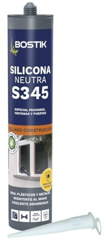 BOSTIK S345 SILICONA NEUTRA Gris, Especial Fachadas, Ventanas y Puertas, Versátil con Fungicida, Flexible, Duradero, Elasticidad Permanente, Alta Resistencia, Interior y Exterior, Cartucho 280 ml