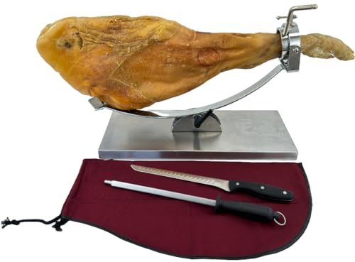 NERTHUS FIJ 1450 Supporto per prosciutto Supporto per prosciutto basculante e testa rotante in acciaio inox + Copri prosciutto bordeaux + Affilatore manuale + Coltello per prosciutto