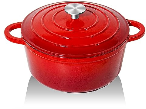 Nilpferd Gusseisen Topf Schmortopf 26cm Emaille Bräter mit Deckel, Auflaufform Kasserollen Bratentopf brot backen für Backen Schmoren Braten(Rot,5L)