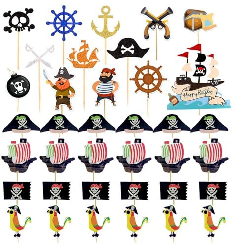 QFEHTHSK 37 Piezas De Adornos para Tartas con Temática Pirata, Adornos para Tartas De Feliz Cumpleaños, Adornos para Magdalenas, Adornos para Muffins Piratas para Cumpleaños, Fiestas De Disfraces