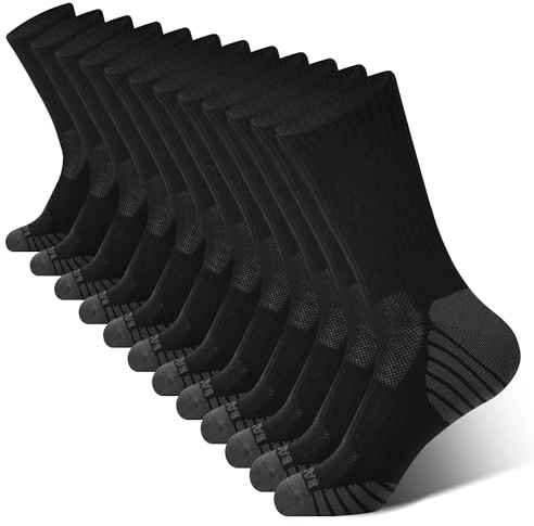 BAMBOO COOL Men's Crew Socks Athletic Running Sports Socks, Cushioned Moisture Wicking, Breathable Arch Support 6 Pack Black