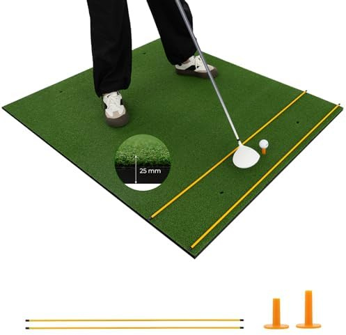 FantASK Golf skidmatta, golf träningsmatta inkl. 2 gummiteer och 2 orienteringsstavar, golfmatta med 6 slagpositioner (152 x 117 cm, 25 mm), grön