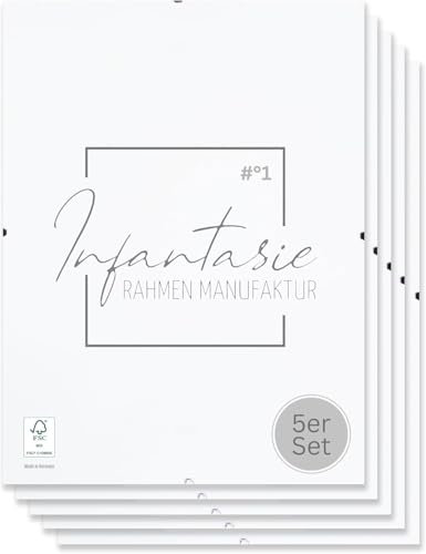Infantasie 'N°1' Rahmenloser Bilderrahmen Cliprahmen 5 Stk. 21x29,7 cm (DIN A4) | Moderner Bildhalter für stilvolle Gallerie Präsentationen mit weiß laminierter MDF-Holz Rückwand und Acrylglasscheibe.