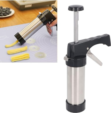 Brrnoo Pressa per Biscotti in Acciaio Inossidabile con 16 Dischi, Macchina per Biscotti per Dolci, Churros, Torte - Kit con 6 Punte di Decorazione per la Casa Fai-da-te, Ideale per