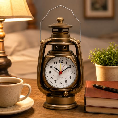 LEDSone Decorative Table Clock Kerosene Lamp Alarm Clock - Plastic, Yellow Brass Bedside & Desk Clock Battery Operated Timepiece for Bedroom, Living Room & Office – Rustic Home Décor & Gift for Men