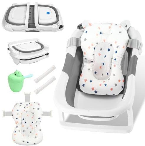 Peviasot Bañera plegable doble para bebé con cojín de baño, antideslizante, reactiva la temperatura, ahorra espacio, estable para recién nacidos y niños pequeños de 0 a 12 meses, color gris