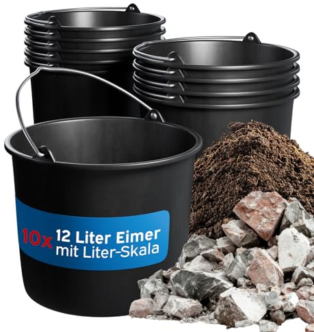 kör4u Secchio da costruzione, 10 pezzi, 12 l, nero con robusta archetto in metallo, secchio rotondo robusto in LDPE – per costruzione, giardino, casa e artigianato