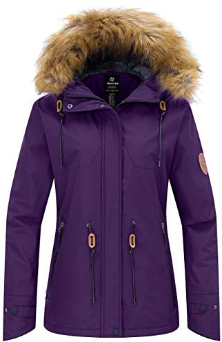 Wantdo Chaqueta de Montaña de Senderismo Abrigo de Invierno Aislada con Vellón Chaqueta Capucha con Pelo a Prueba de Viento Parka Snowboard de Esquí Exteriores para Mujer Púrpura Oscuro Medium
