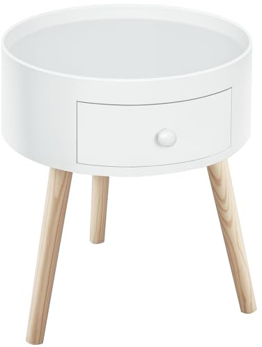HOMCOM Couchtisch Wohnzimmertisch mit Schublade Runder Kaffeetisch mit Holzbeinen Nachttisch mit Tablett Beistelltisch Sofatisch für Wohnzimmer 38 x 38 x 45 cm, Weiß