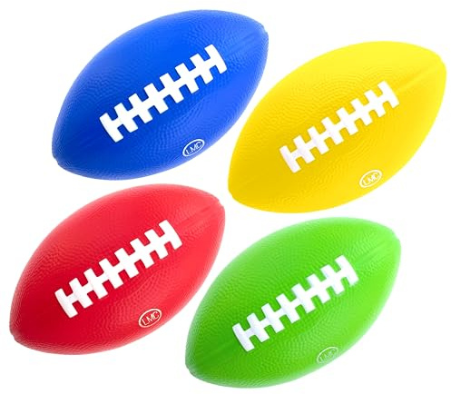 LMC Products Kids Football 4 Pack - 7.25” Foam Footballs - Soft, Small Football - Colorful Mini Ball for Kids - Includes Green, Yellow, Blue, and Red