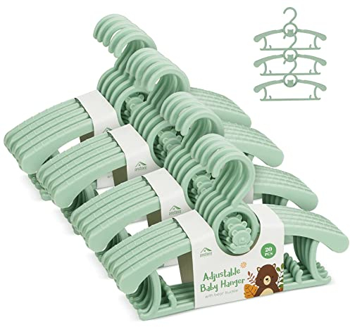 Anstore Children's Clothes Hangers, Pack of 20, Growing Children's Clothes Hangers, Space-Saving with Stackable Bear Hooks, Non-Slip Hangers for Babies and Toddlers, Green
