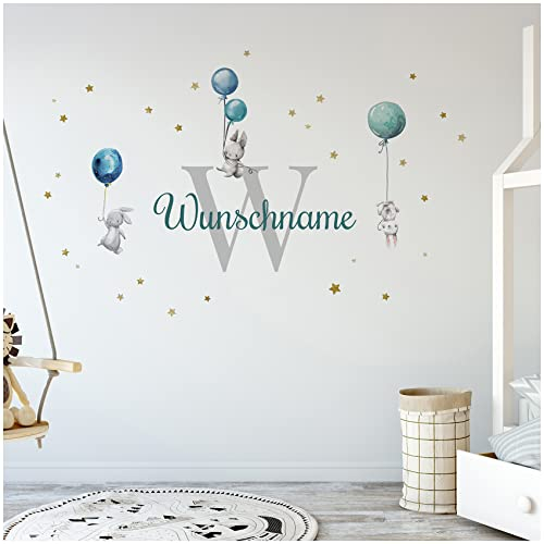 yabaduu Wandsticker personalisiert Sticker Aquarell Tiere mit Name Wandtattoo für Kinderzimmer Babyzimmer Spielzimmer Mädchen Junge Y037 (Nr. 5 Hasen mit Ballons, Mit Wunschname)