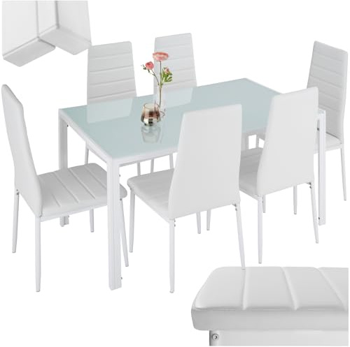 TecTake® Set di Mobili per Sala da Pranzo, 6 Sedie in Similpelle Resistente, Tavolo con Piano in Vetro, Design Moderno, Piedini SalvaPavimento, Ideale per Cucina e Soggiorno - Bianco