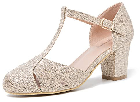 Women's T-Strap Block Heel Pumps, Ankle Buckle Closure, Classic Cut Out Round Toe Dress Shoes, Glitter Champagne Gold, 10 UK