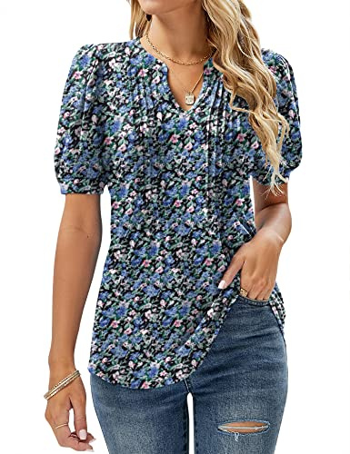 Womens T Shirts V Neck Summer Dressy Ladies Tops Comfy Flowy Tunic Cute Pleated Blouse Plus Size Floral Blue XL (UK 18-20)