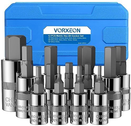 VORXEON Allen Key Socket Set Metric Allen Hex Bit Socket Set 2MM-14MM,for car Work Change Brakes,50BV30 CR-V Drive Socket and S2 Alloy Steel Bit with Storage Case, 3 Sizes 1/4 3/8 1/2 Inch,