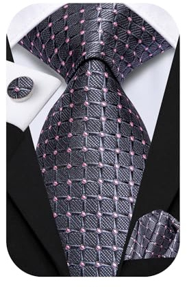 Hi-Tie Pink Grey Checks Mens 70inches Tie Set Extra Long Necktie for Men Cufflinks Handkerchief Big Tall Men Business Wedding