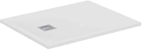 Ideal Standard - Ultra Flat S+, ultratunn, rektangulär duschkar i harts, med stenutseende, 100 x 80 cm, Ideal Solid, avlopp på kortsidan, vit