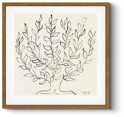 HUARCEY Vintage Framed Canvas Wall Art Plain Tree Drawing, Boho Modern Home Decor, Square Botanical Wall Art for Living Room Bedroom Bathroom, Black and White Canvas Leaf Art 10x10 Inch
