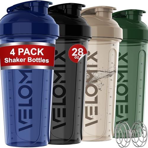 VELOMIX -4 PACK 28 Oz Protein Shaker Bottle for Protein Mixes - 4x Wire Whisk | Leak Proof Shaker Cups for Protein Shakes | Large, Stackable Protein Shaker Bottle Pack | Dishwasher Safe (Forest Edge)