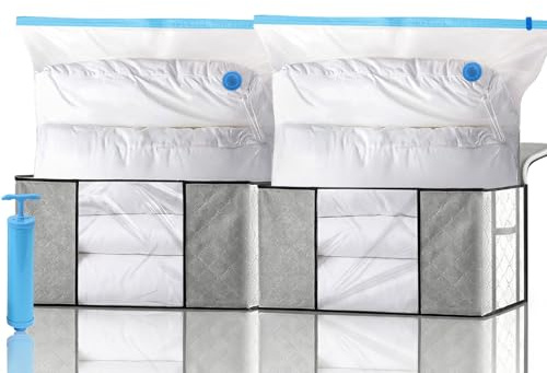 Leavans 2 Piezas 90L Cajas Almacenaje, 2 Bolsas Vacío y 1 Bomba, Organizador Armario Plegable Con Asa Reforzada Para Guardar Ropa, Edredones, Mantas