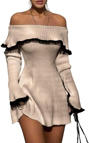 chouyatou Women's Off The Shoulder Bell Long Sleeve Sweater Mini Dress Lace Trim Bodycon Ribbed Knit Sweater Dress (Medium, Khaki)