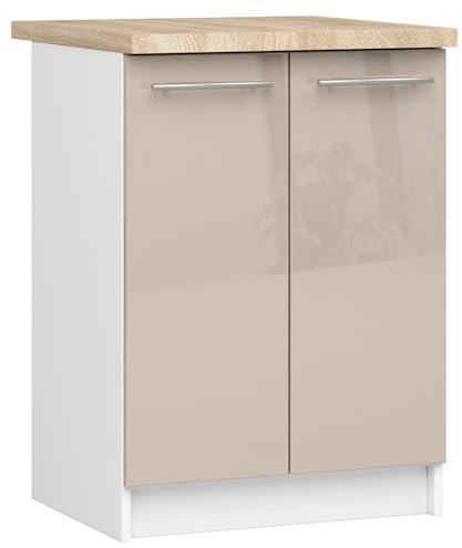 AKORD | Küchenschrank mit Arbeitsplatte - Oliwia S60 | Küchenunterschrank mit 2 Türen und 2 Einlegeböden | Unterschrank Küche 60 cm Breit | ABS-Kante 18 mm | 46 x 60 x 85 cm | Weiß & Cappuccino Glanz