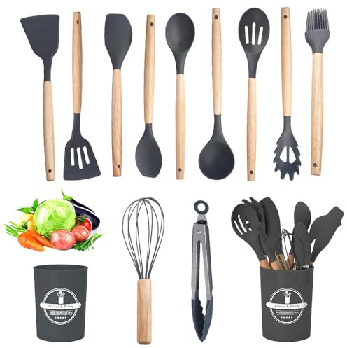 Kitchen Utensil Set, 12 PCS Silicone Cooking Utensils Set with Wooden Handle, Kitchen Tools & Accessories, Heat Resistant Silicone Utensils, Best Kitchen Tools with Holder (Grey)