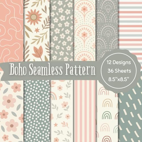 Boho Seamless Pattern Scrapbook Paper Craft Pad: 12 Neutral Boho Designs, 36 Double-Sided Sheets Printed on 8.5x8.5 Size Paper. Great for ... Media, Junk Journal and DIY Projects Etc