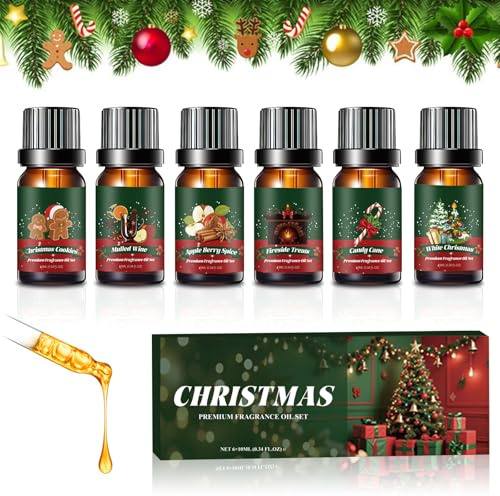 Shyllin Aceites Esenciales Navidad para Humidificador, 6x10ml, Essential Oils Set, Bastones de Caramelo, Hombrecitos de Jengibre, Vino Tinto, Puré de Manzana, Agujas de Abeto
