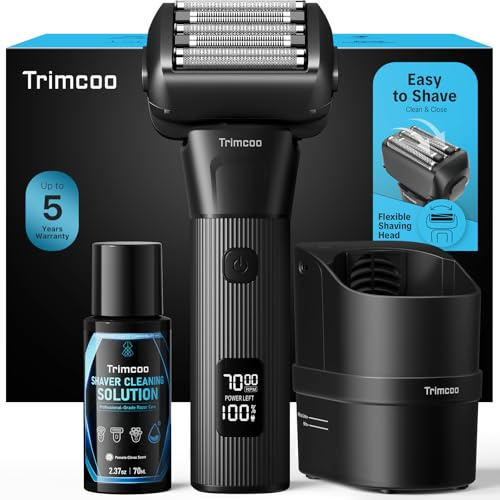 Trimcoo 5-Blades Electric Shaver Pro with 8-in-1 Smart Cleaning Center - Beard Trimmer, Series 9 Electric Razors for Men, Pop-Up Trimmer, Type-C Fast Charging, Gift for Men‘s, Smooth Shave