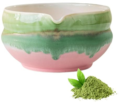 Chingcoo Cuenco de cerámica para matcha con boquilla, cuenco para matcha japonés, hecho a mano, 550 ml, para ceremonia del té y preparación de matcha, cuenco de té con caja de regalo degradado