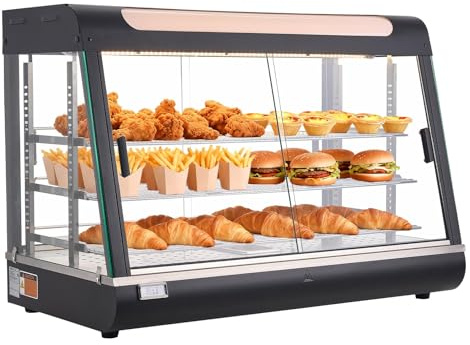 VEVOR Espositore Scaldavivande Commerciale a 3 Livelli, Espositore Scaldavivande da 1400 W con Luce LED, Vano Portaoggetti Superiore e Ripiani Regolabili, per Hamburger, Pizza, Pane, Pollo Fritto