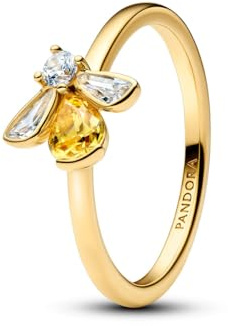PANDORA Ring Honigbiene in 14 Karat Vergoldung mit Cubic Zirkonia, Damen Ring mit gelben und klaren Steinen, Bienenmotiv, eleganter Statement Ring, Größe: 52, 164562C01-52