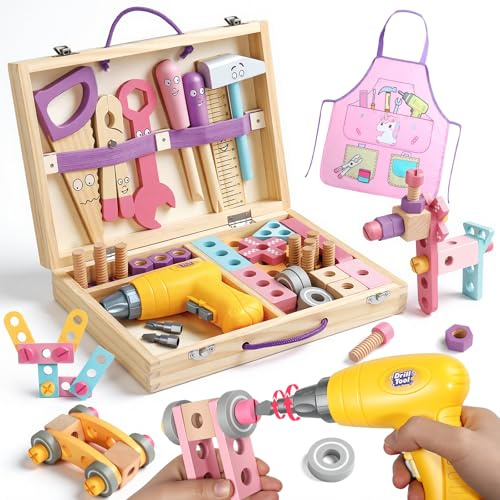 Kids Tool Set Wooden Toys for 3 Year Old Girls, Toy Drill& Tool Box& Apron | 47PCS Montessori Wooden Tool Set, Little Builder Pretend Play Educational Construction Toy, Birthday Gift for Girls Age 3 4 5