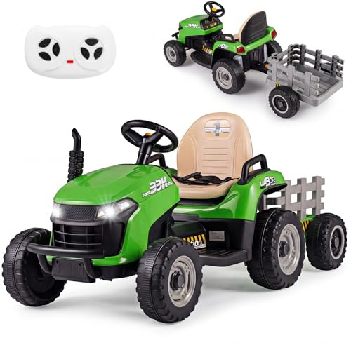 COSTWAY 24V Elektrisk Traktor med Släp, Barntraktor inkl. 2,4G Fjärrkontroll, Elektrisk Traktor med Tuta, Växellåda, Musik & LED-Strålkastare, 3,2–7 km/h, för Barn från 3 År (Grön)