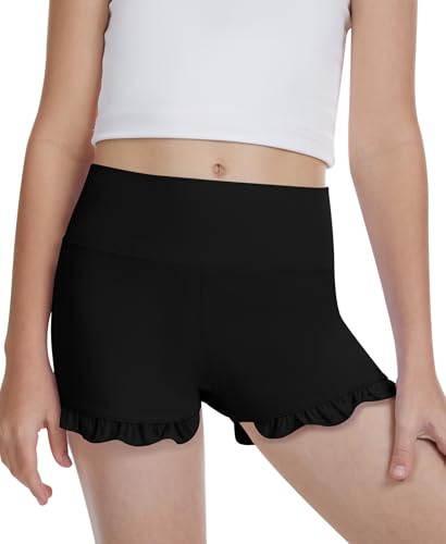 DOCUMO Girls Sport Shorts High Waisted Ruffle Cycling Short（Black,S