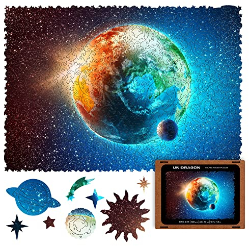 UNIDRAGON Original Wooden Jigsaw Puzzles - Space Planet Earth, 500 pcs, King Size 16.9x11.8, Beautiful Gift Package, Unique Shape Best Gift for Adults and Kids