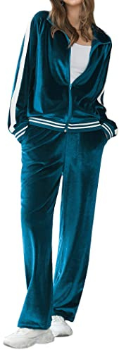 Ekouaer Women's Velvet Velor Tracksuits 2 Piece Lounge Outfits Zip Up Sweatshirt and Sweatpants with Pockets S-3XL(Blue,X-Large)