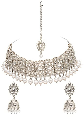 Bodha Traditional Indian Silver Plated Kundan Pearl Choker Necklace Jewelry Set with Earrings and Tikka for Women (SJN_58_S)
