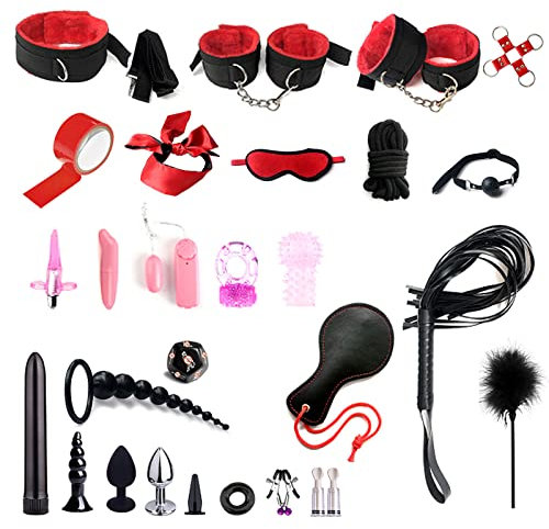 BDSM Fesseln Sex Set Perfekt Bondage Set 28 Stück,Handschellen Sex Bett und Anal Plug,Nippelklemmen Brustwarzen,Peitsche und Augenmaske,SM Sexspielzeug für Paare Extrem Sex Spielzeug Beide (Rot)