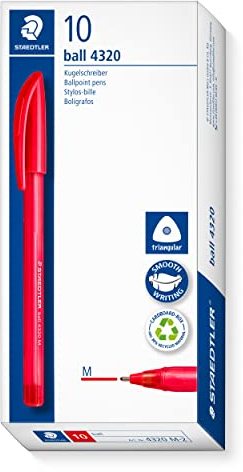 STAEDTLER dreikant stick Kugelschreiber, Schreibfarbe rot, Linienbreite M ca. 1,00 mm, für entspanntes Schreiben, 10 rote Kugelschreiber im Kartonetui, 4320 M-2