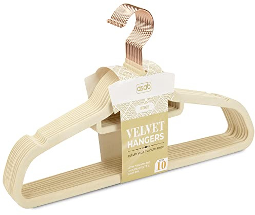 ASAB Premium Non-Slip Velvet Hangers With Tie Bar - Heavy Duty Wardrobe Organiser Space Saver for Jackets, Trousers, Shirts - Suit Hangers Set (Beige Gold, 10 Pieces)