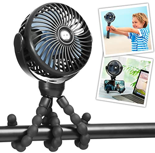 snawowo Mini ventilatore portatile per passeggino, alimentato a batteria, piccolo ventilatore a mano, rotazione a 360°, treppiede flessibile, ventilatore ricaricabile con clip per seggiolino auto