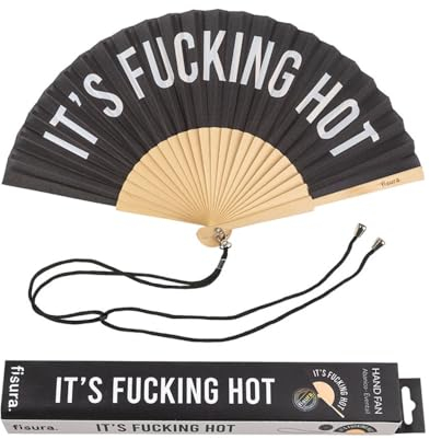 Fisura - Originale ventaglio f*cking hot. Ventilatore a mano in legno moderno e divertente. Ventaglio in bianco e nero. Ventaglio con cordino porta ventaglio. Misure: 42,5 x 23 cm. Legno e tessuto.