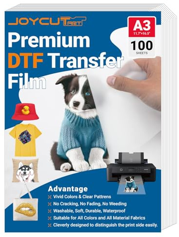 JOYCUT - Película de transferencia DTF - A3 (11.7 x 16.5 pulgadas), 100 hojas, acabado mate de doble cara, película DTF para sublimación e impresora de inyección de tinta DTF, papel de transferencia